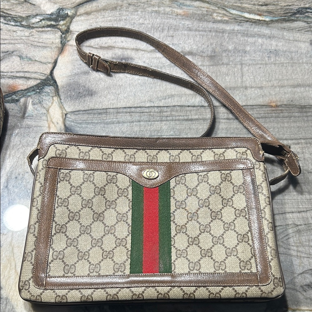 Gucci Beige and Brown Crossbody Bag with Red and Green Stripe